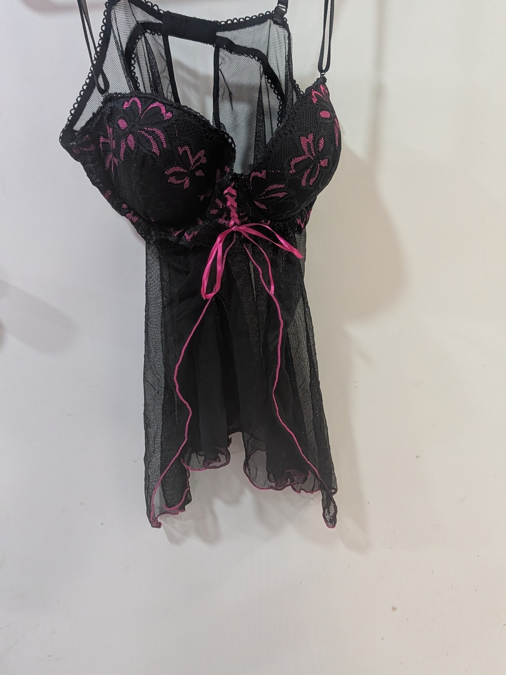 Black & Hot Pink Lace Babydoll Chemise with Ribbon Tie